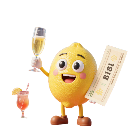 Lemon Casino Maskot feiert Jackpot-Gewinn an Tropikbar - Casino Bonus Illustration