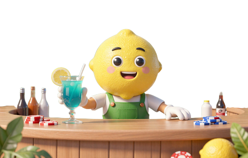 Lemon Casino Maskot als Barkeeper mit Bonus-Tafel - Alle Lemon Casino Aktionen