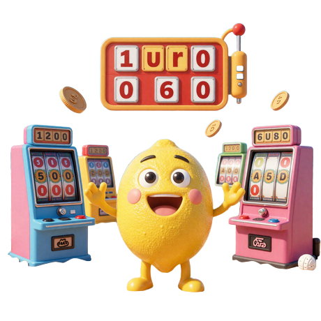 Lemon Casino Maskot am Strand mit Spielautomaten - Online Casino Echtgeld Spiele