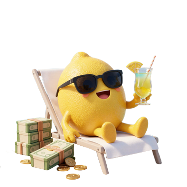 Lemon Casino Maskot am Pool mit Gewinnen - Cashback Bonus Illustration