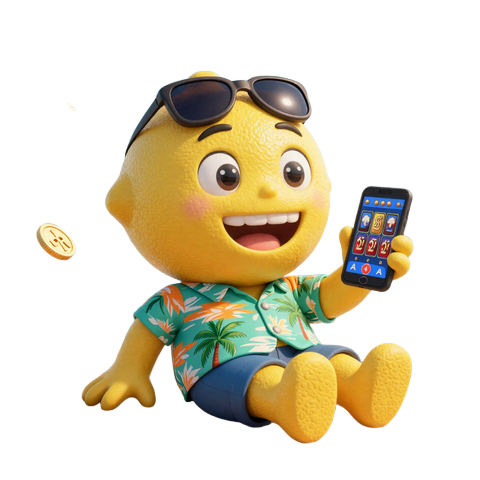 Lemon Casino Maskot auf Yacht mit Smartphone - tropisches Online Casino Erlebnis